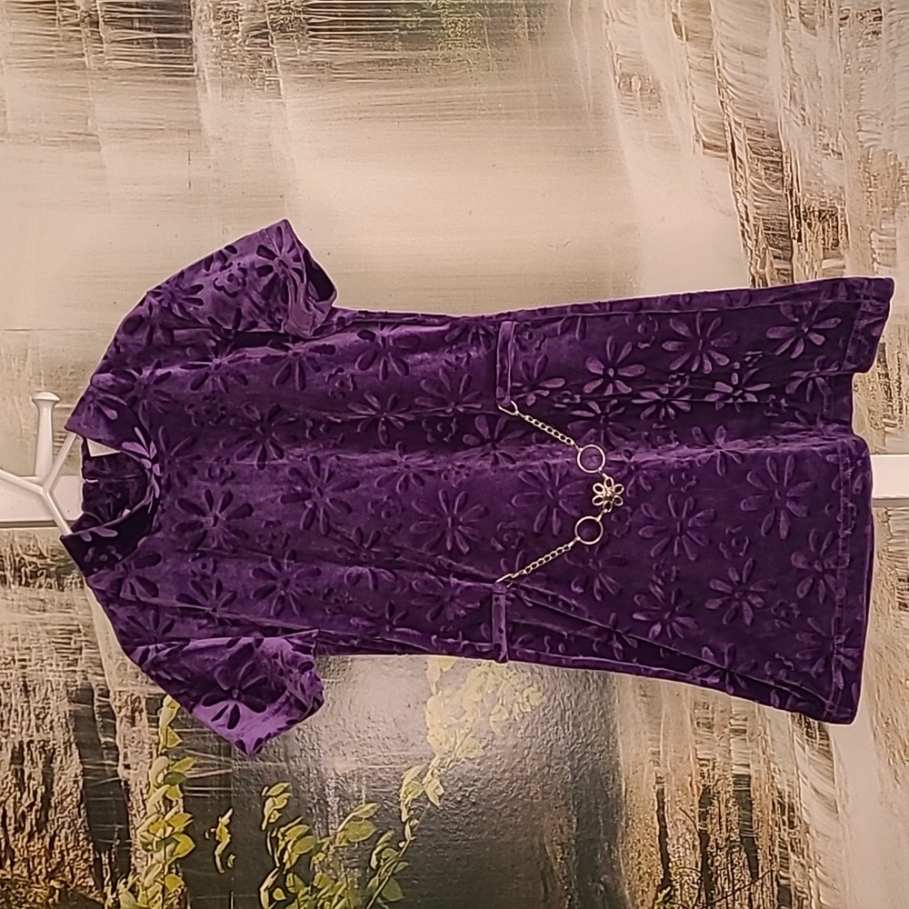 Girls 7 special occasion crushed velvet royal purple floral dress jewelry belt